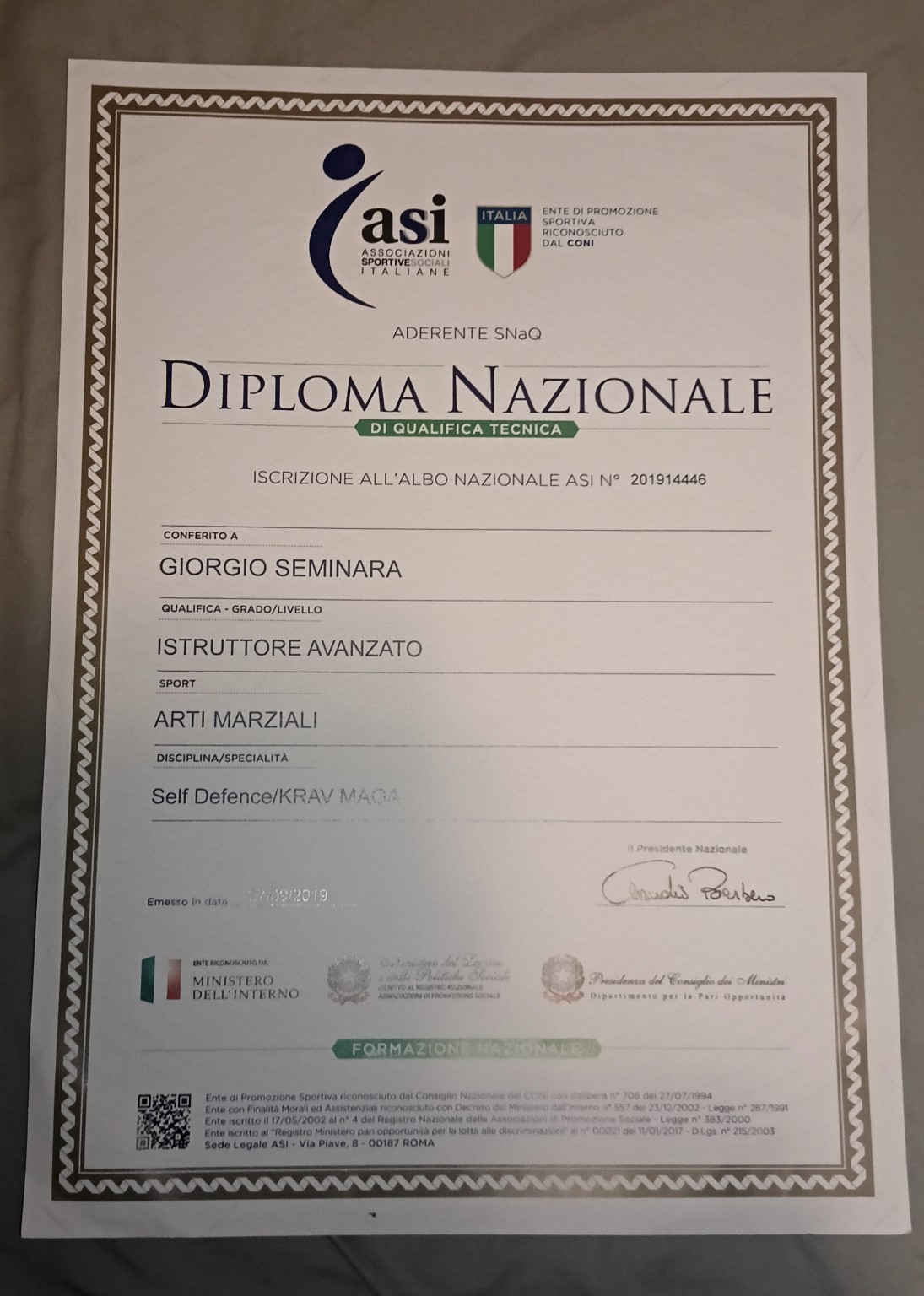 Istruttore avanzato Arti Marziali — Self Defence / Krav Maga — ASI — Diploma nazionale di qualifica tecnica