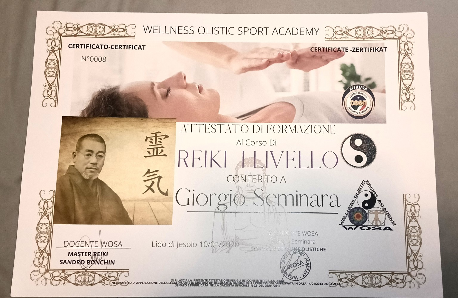 Reiki — attestato di formazione — Wellness Olistic Sport Academy