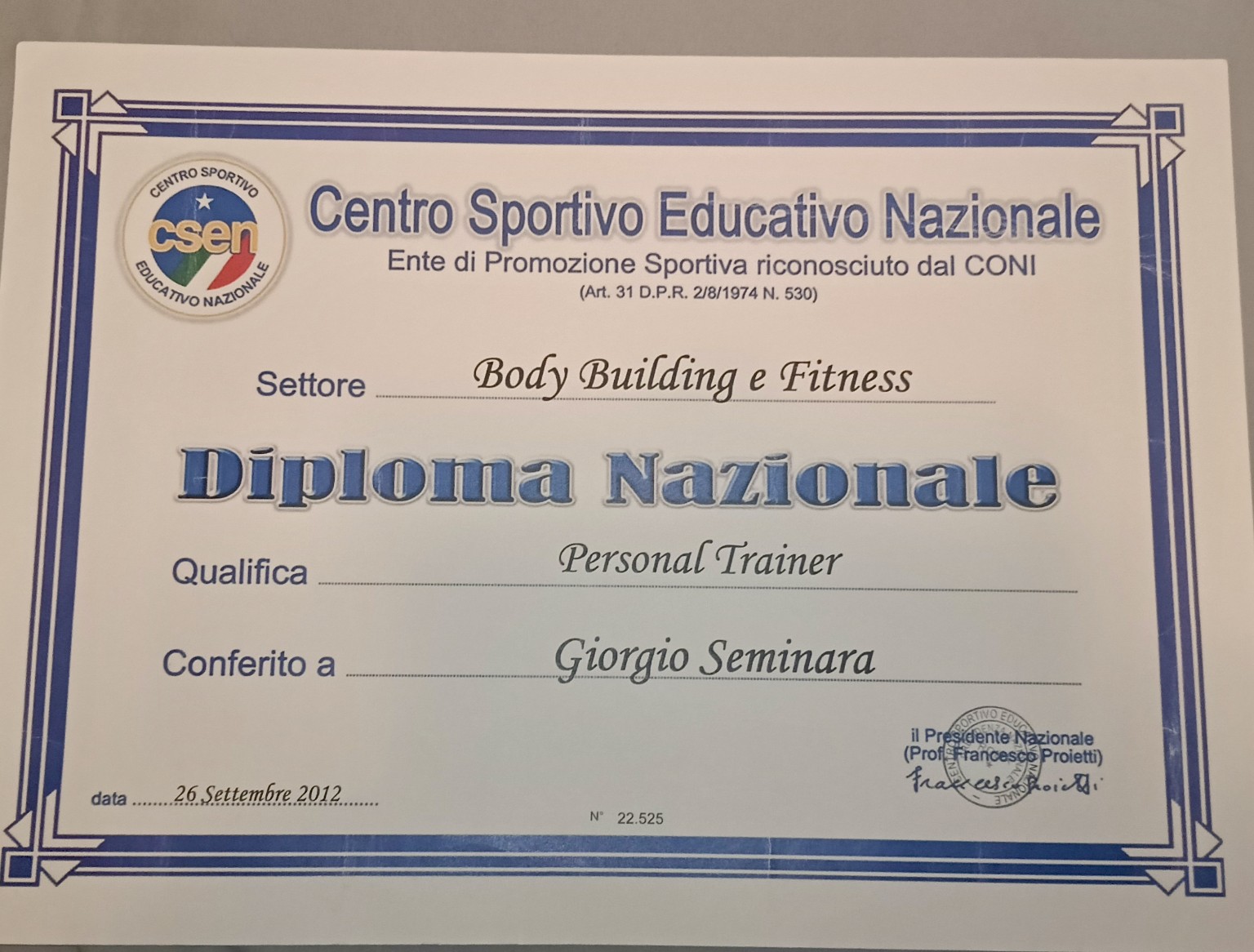 Diploma nazionale di Personal Trainer — CSEN — Body Building e Fitness