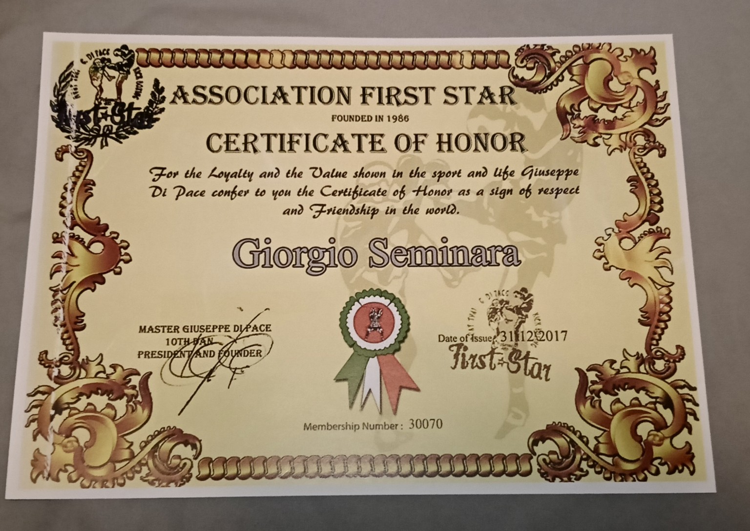 Certificate of Honor — Association First Star